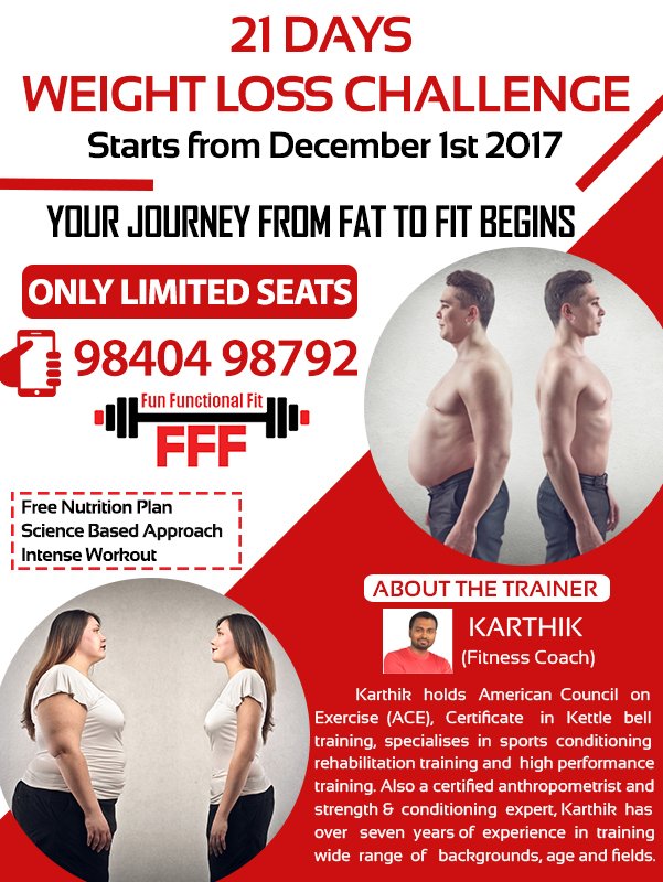 funfunctionalfi's tweet photo. Are you concerned about your over weight ? This Weight Loss Challenge is for You. Enroll now. Call 98404 98792. #FUNFUNCTIONALFIT #FITNESS #WEIGHT #LOSS https://t.co/IbK6uLAWcs
