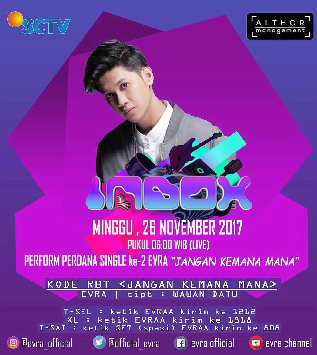 taingmayus's tweet photo. EVRA Live on Inbox SCTV
Besok, 26 Desember 2017
Pukul 06.00 WIB di Kantor Walikota Bekasi
—
Dengan single ke 2 ‘Jangan Kemana-Mana’ perdana di Inbox SCTV, buat yang pagi2 udah bangun nonton Inbox ya!! Hanya di SCTV, Satu Untuk Semua 😁 https://t.co/6anWdORZ1J