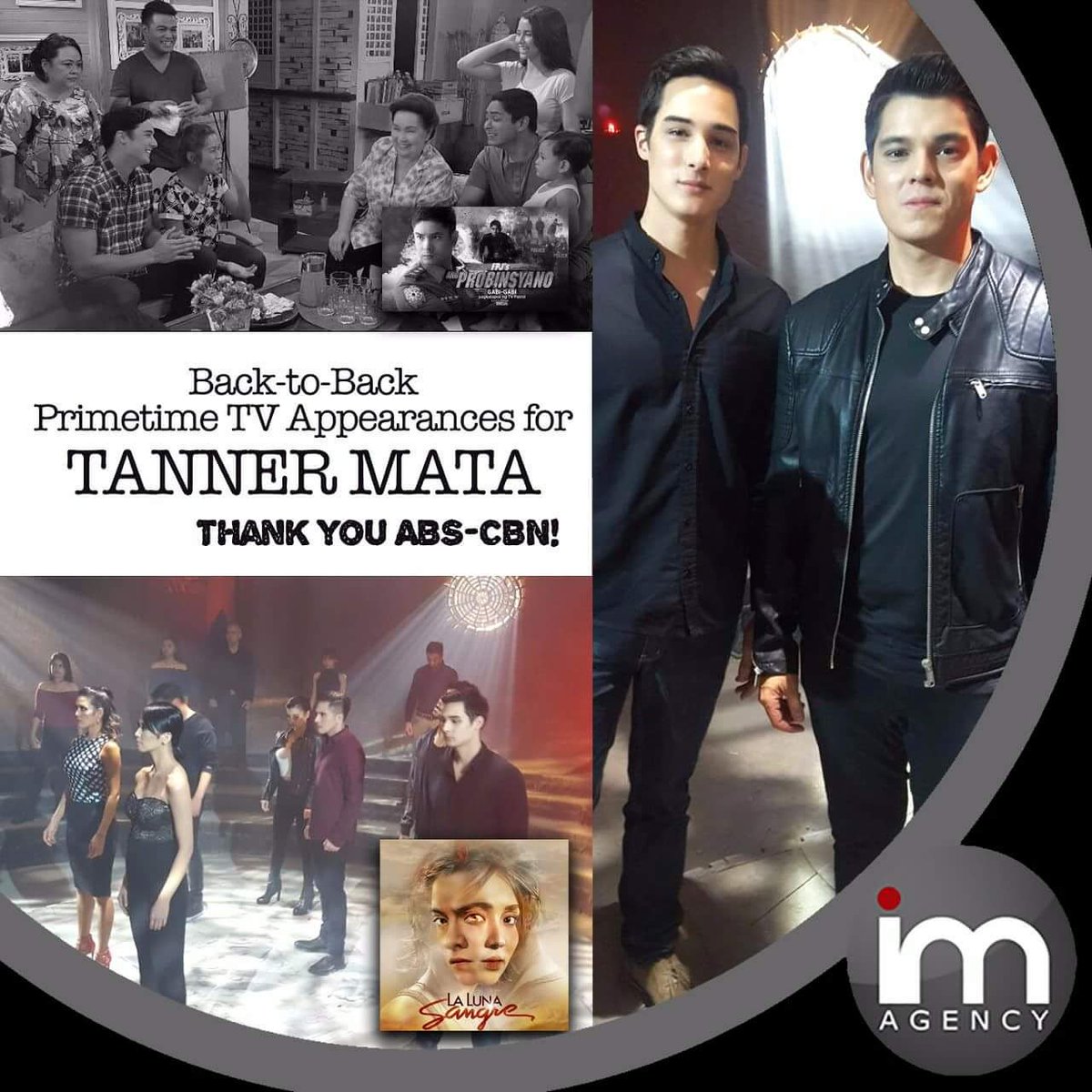 IM_EntOfficial's tweet photo. #WinnerWeekend After Ang Probinsyano, Tanner takes on a new role as vampire via La Luna Sangre. Thank you ABS-CBN for the primetime opportunities! Thank you Kapamilya for always supporting our very own Super Hunk, Tanner Mata.
#TeamIMAgency #IMTanner https://t.co/ze352t5XNc