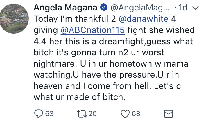 Liv_4_MMA's tweet photo. This is what the bottom of the barrel sounds like. Hope no one was looking for any level of class at all from Magana. Sad really. She could be so much better. As a #WMMA fighter, she most definitely does not speak for me. #WayToKeepItClassy #HumanityFail #NoRespect 🤦🏼♀️ https://t.co/ehBkWF7X9J