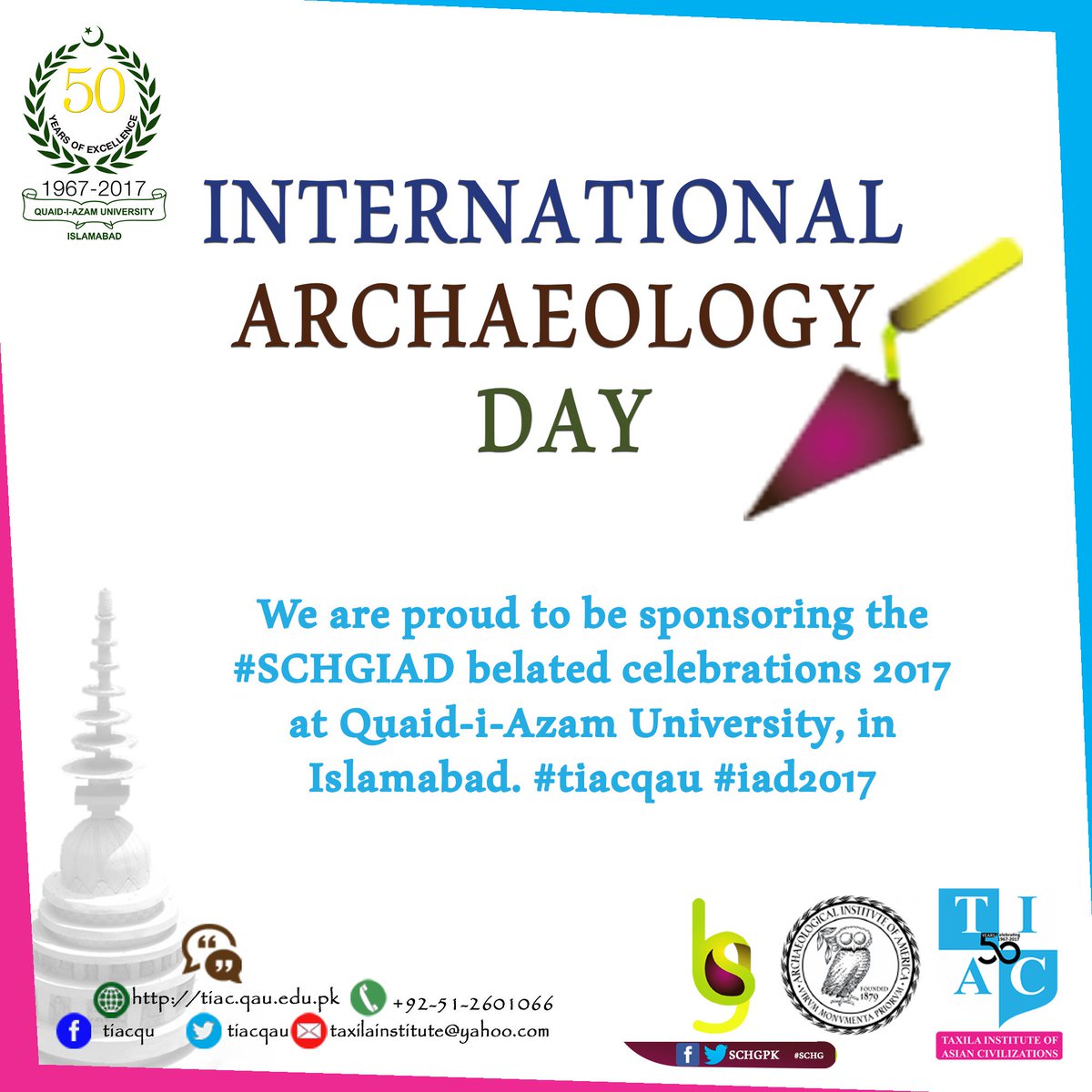 TIACQAU's tweet photo. we are proud to be sponsoring the #SCHGIAD belated celebrations 2017 at Quaid-i-Azam University in Islamabad, Pakistan. #iad #iad2017 #tiacqau
@ArchaeologyTime @archaeologyday @silkroad_centre @schgpk https://t.co/ZGenDuY2Ou