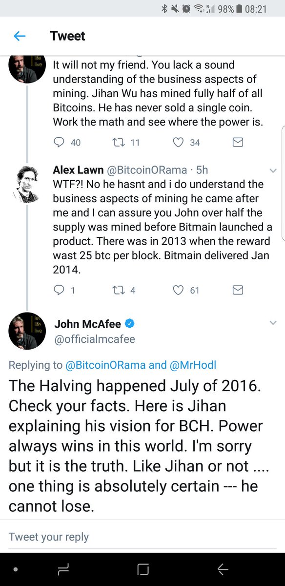 WhalePanda's tweet photo. I am learning so much new stuff about #Bitcoin today. 1) Jihan is so good at mining that he managed to mined half of all coins despite Bitmain being founded in 2013. 2) The halving only happened once in 2016. 
Or... John completely lacks any understanding of Bitcoin at all. https://t.co/K5kKLWjeTH