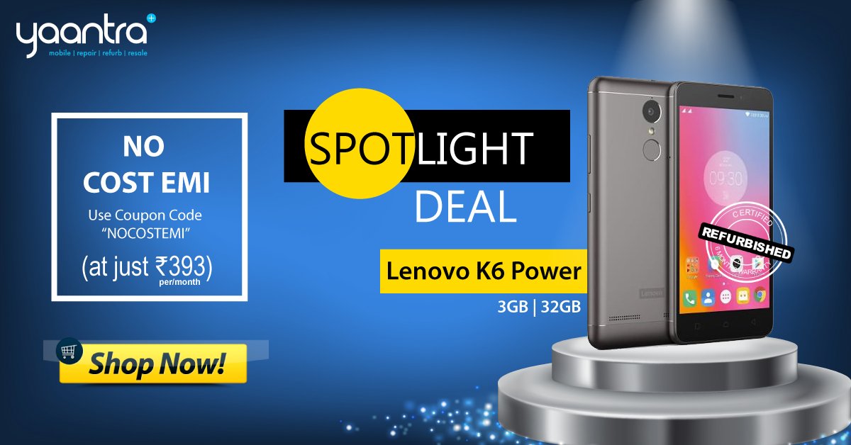 YaantraIndia's tweet photo. Spot-Light-Deal✨Deals Getting Hotter This Winters
Refurbished Lenovo K6 Power 32GB @ just RS. 6,749/-
Deal Of The Day 👉 https://t.co/3cRDrQ7xOQ🤩Shop It Before You Miss It !
FLAT 10% OFF On Prepaid(Discount Applied)
#SpotLightDeal #lenovo #lenovok6power #refurbished #smartphone https://t.co/3lQfO3WfDU
