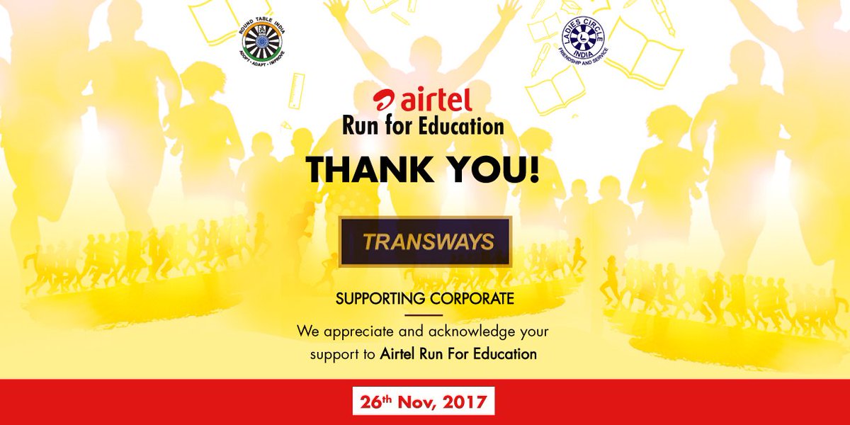 rtirun's tweet photo. We are delighted to announce "TRANSWAYS" as Supporting Corporate for Airtel #RunForEducation 2017. https://t.co/Cc44VKFzP1