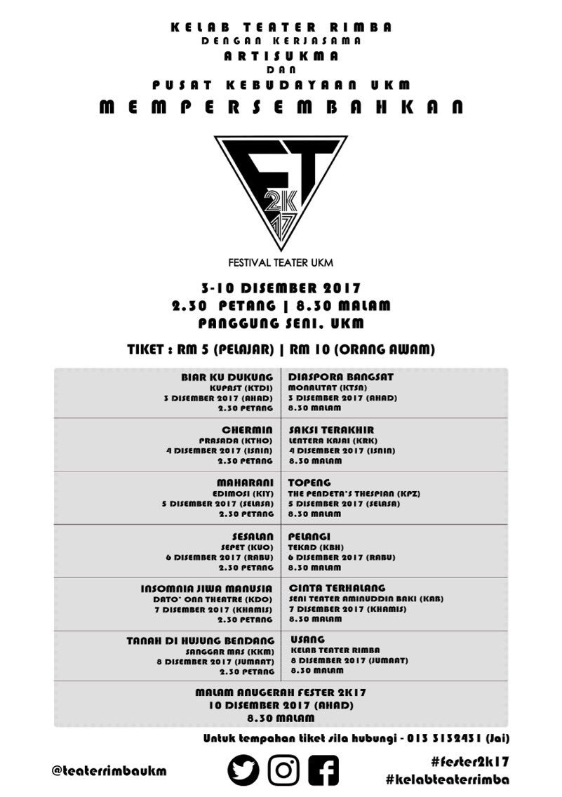 teaterrimbaukm's tweet photo. Bersempena dengan Festival Teater UKM 2017, kami akan mementaskan semula teater Usang khas untuk mereka yang terlepas menonton tempoh hari.

Usang | 8 Disember 2017 | Panggung Seni, UKM | Tiket: RM 5 (Pelajar) RM 10 (Orang awam)

Jumpa anda di sana! 🌸

#fester2k17 
#usang https://t.co/mwAFM9JO1D