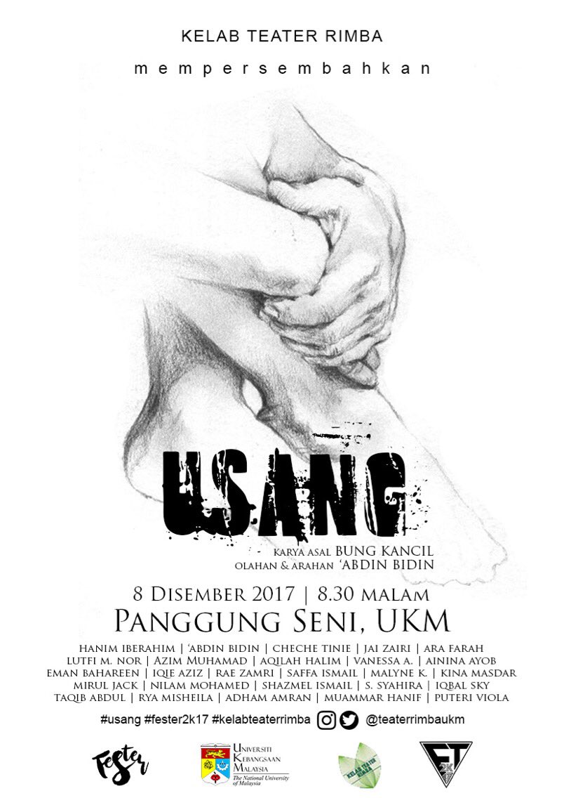 teaterrimbaukm's tweet photo. Bersempena dengan Festival Teater UKM 2017, kami akan mementaskan semula teater Usang khas untuk mereka yang terlepas menonton tempoh hari.

Usang | 8 Disember 2017 | Panggung Seni, UKM | Tiket: RM 5 (Pelajar) RM 10 (Orang awam)

Jumpa anda di sana! 🌸

#fester2k17 
#usang https://t.co/mwAFM9JO1D