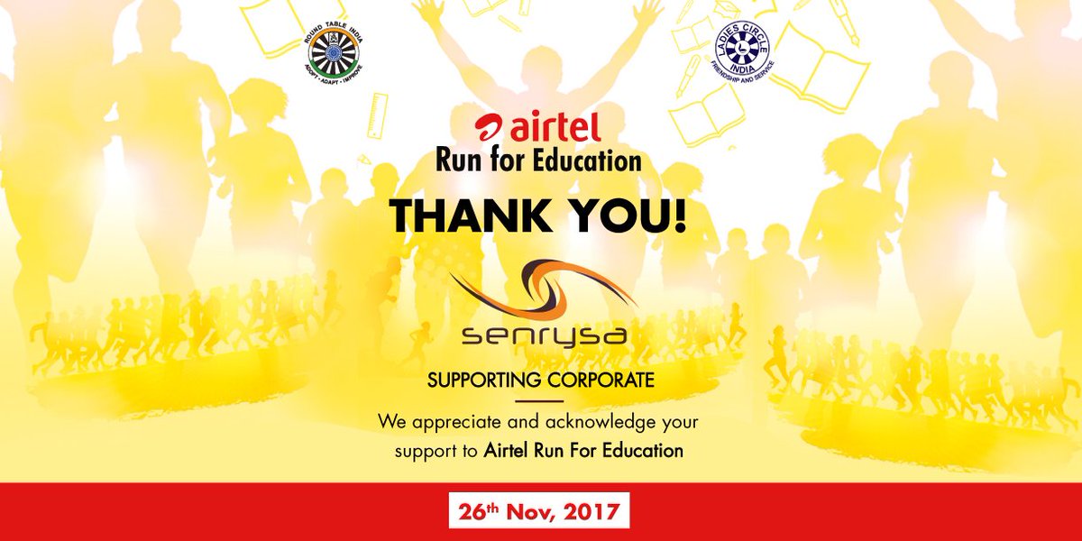 rtirun's tweet photo. We are delighted to announce @senrysatech as Supporting Corporate for Airtel #RunForEducation 2017. https://t.co/NAxZN4SsRz
