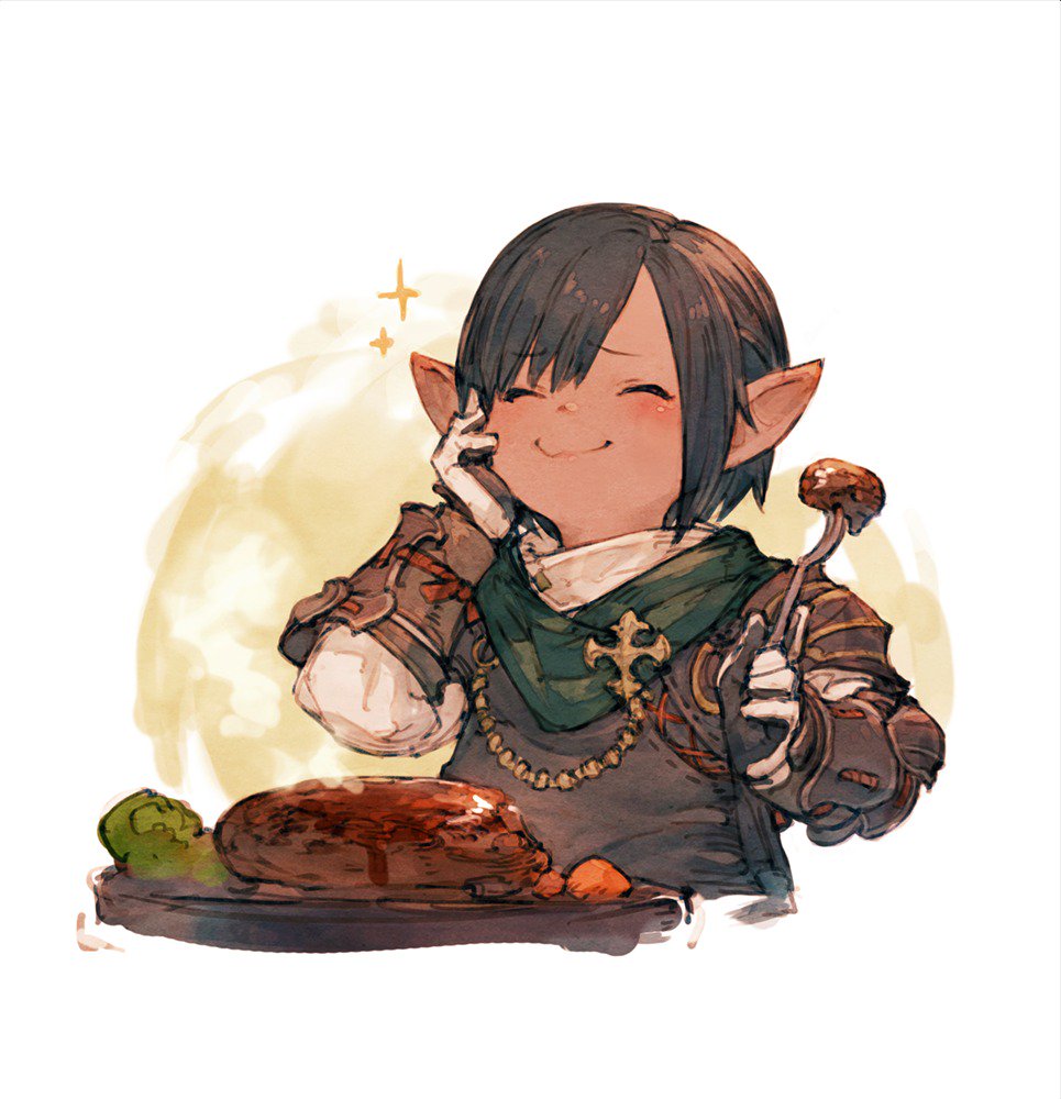 pointy ears solo closed eyes lalafell food hand on own cheek fork  illustration images