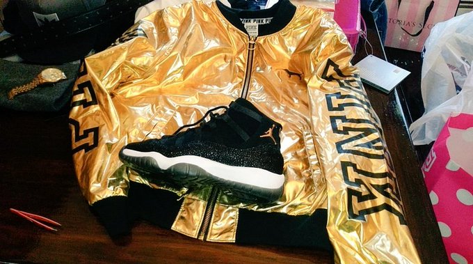 The pics DO NOT DO JUSTICE! Soo in love with my new gold #jordans and gold jacket via #VictoriaSecret