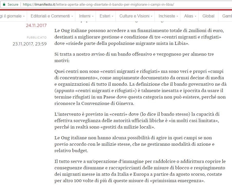 Cos'è in Italia la sinistra di governo? E' quella roba talmente ipocrita da chiamare "rifugiati" i migranti dopo averli dirottati in un paese che non riconosce le convenzioni di Ginevra, lo status di rifugiato e i diritti umani che ne conseguono. Anche il male minore è un male.