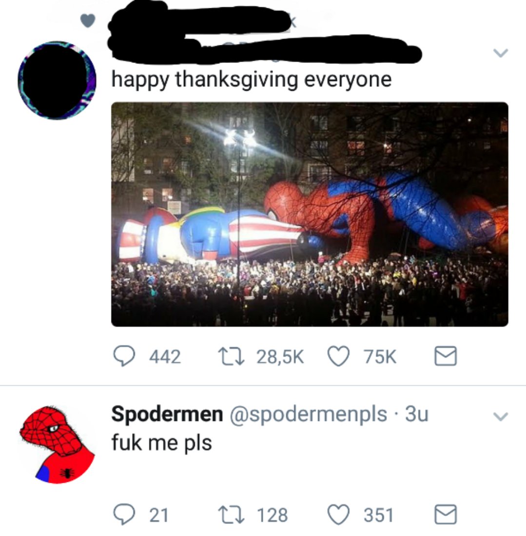 Elfje__Twaalfje's tweet photo. Sometimes Twitter comes together perfectly @spodermenpls #punintended #twitter #spodermen #spiderman #thanksgiving https://t.co/jAW6LunNWg