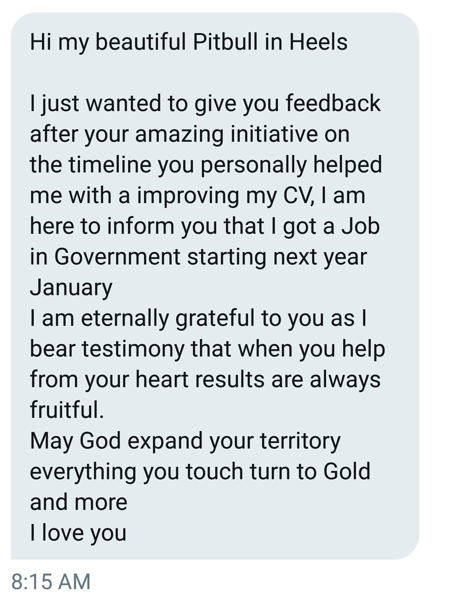 fcfortune's tweet photo. I received this DM this morning. I did ask permission to share. This shows us all, helping some1 won't kill us. #LetMeHelpCV has changed lives & Im grateful to every1 that has helped fix/compile a CV #StayBlessed https://t.co/lAJceLeTPE