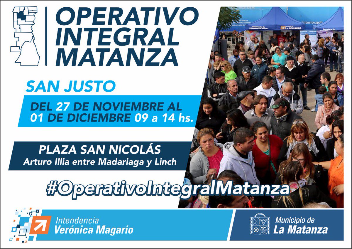MLRamirezOK's tweet photo. Del lunes al viernes próximos estaremos con otro #OperativoIntegralMatanza en la Plaza San Nicolás de #SanJusto, ubicada en Arturo Illia y Madariaga. Te esperamos de 9.00 a 14.00 Hs.

Requisitos de los trámites en https://t.co/PemhebCpMa. https://t.co/lmytvLN7Wr