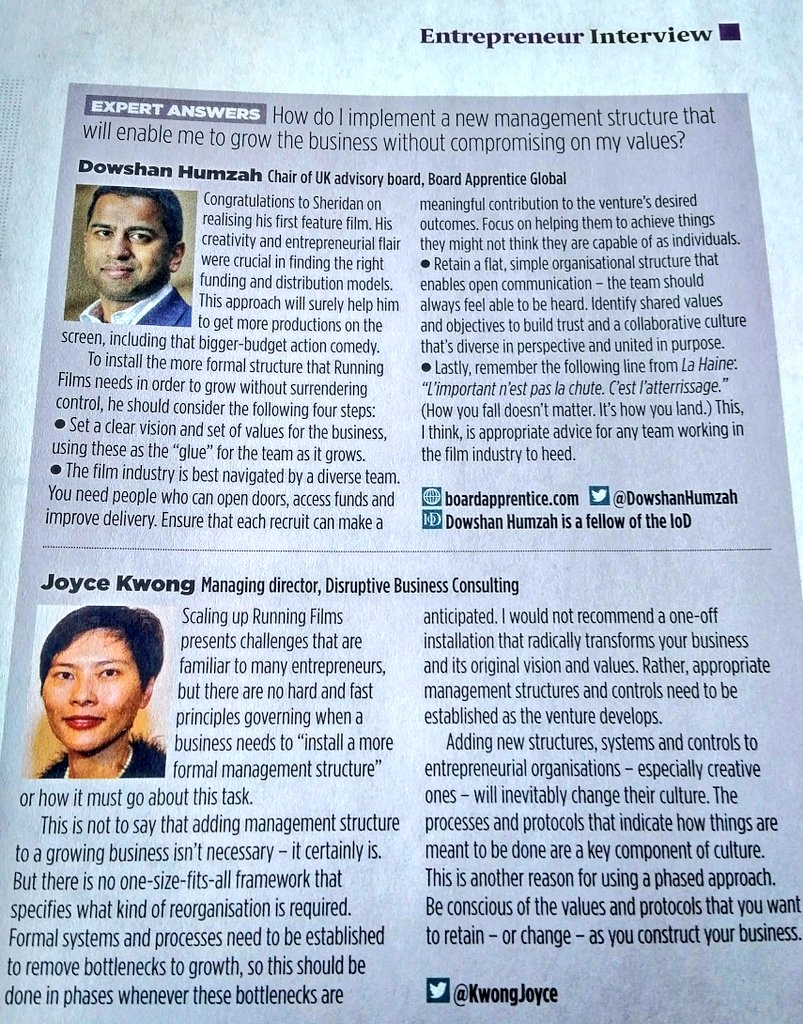 DomUnsworth's tweet photo. @DowshanHumzah @KwongJoyce great advice for @Sheridandemyers that happens to also be directly applicable to myself and @ResourceProds THANK YOU! Best article I've read in @The_IoD #DirectorMagazine ever! #businessadvice #creativeentrepreneurs https://t.co/RrIIVRc9QM