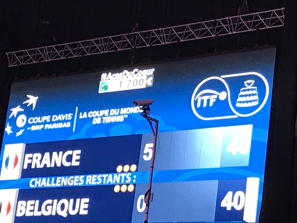 NicolasOtton's tweet photo. #DavisCupFinal France 🇫🇷 Belgique 🇧🇪 Déjà 34 Aces réalises par les joueurs et plus de 1700 E récoltés pour les enfants de l’hôpital Saint Vincent de Paul @BNPParibas On continue ! https://t.co/gQ5CiFbxfw