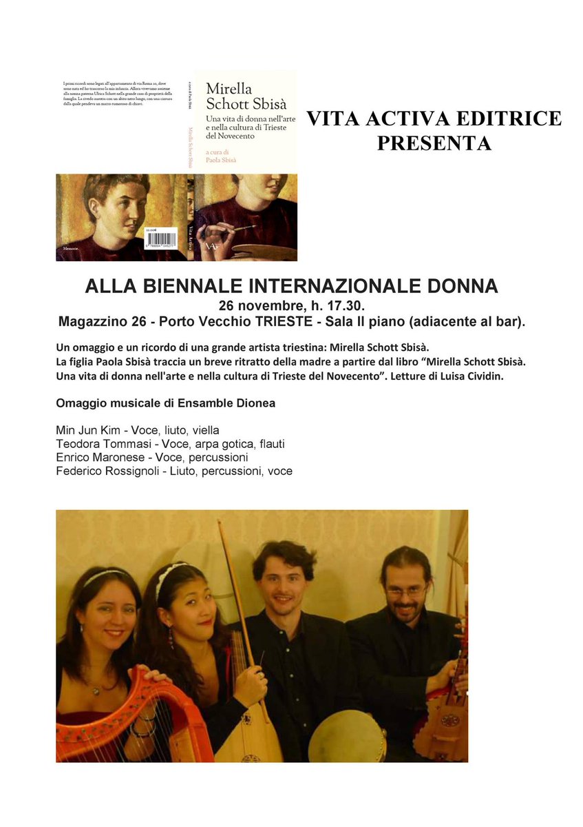 VitaActivaEdi's tweet photo. #Trieste @liutofante Domani alla #BID17 un ricordo e un omaggio alla grande artista triestina Mirella Schott Sbisà. Vi aspettiamo tra musica e parole, e per conoscerla meglio riproponiamo la nostra pubblicazione curata dalla figlia Paola Sbisà https://t.co/707jr6O7oV https://t.co/pbOxuQuRIq