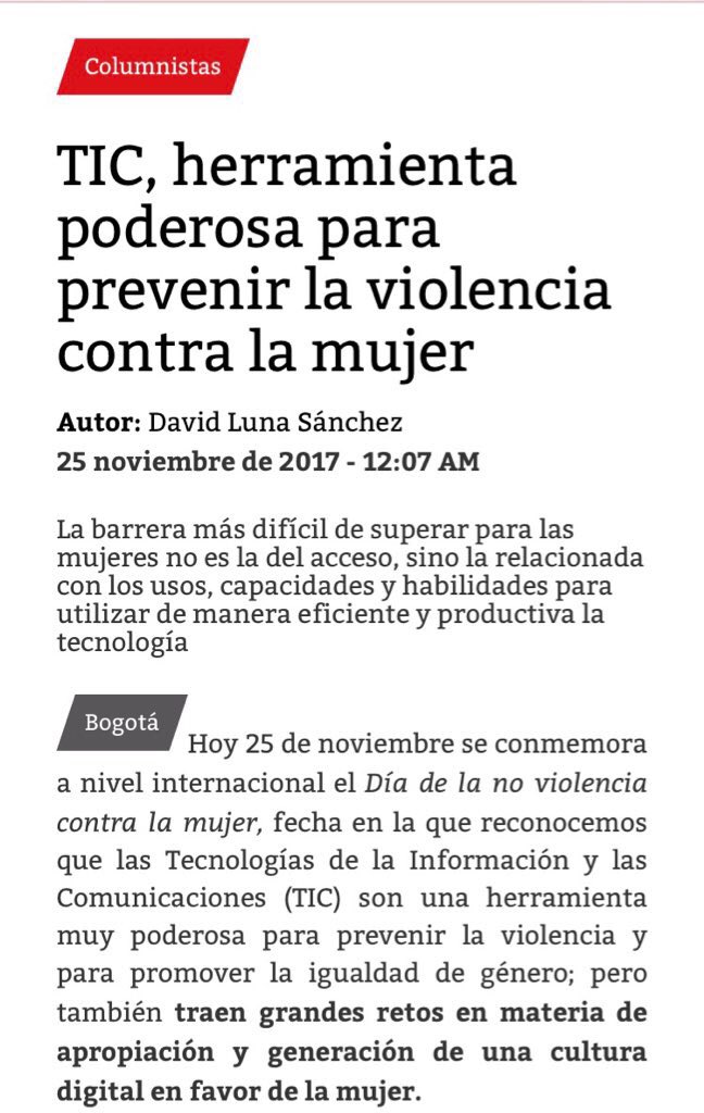 lunadavid's tweet photo. les comparto mi columna: TIC, herramienta poderosa para prevenir la violencia contra la mujer vía https://t.co/3jqMwQ0Yw1 vía @elmundomedellin https://t.co/IDXvshHEVw
