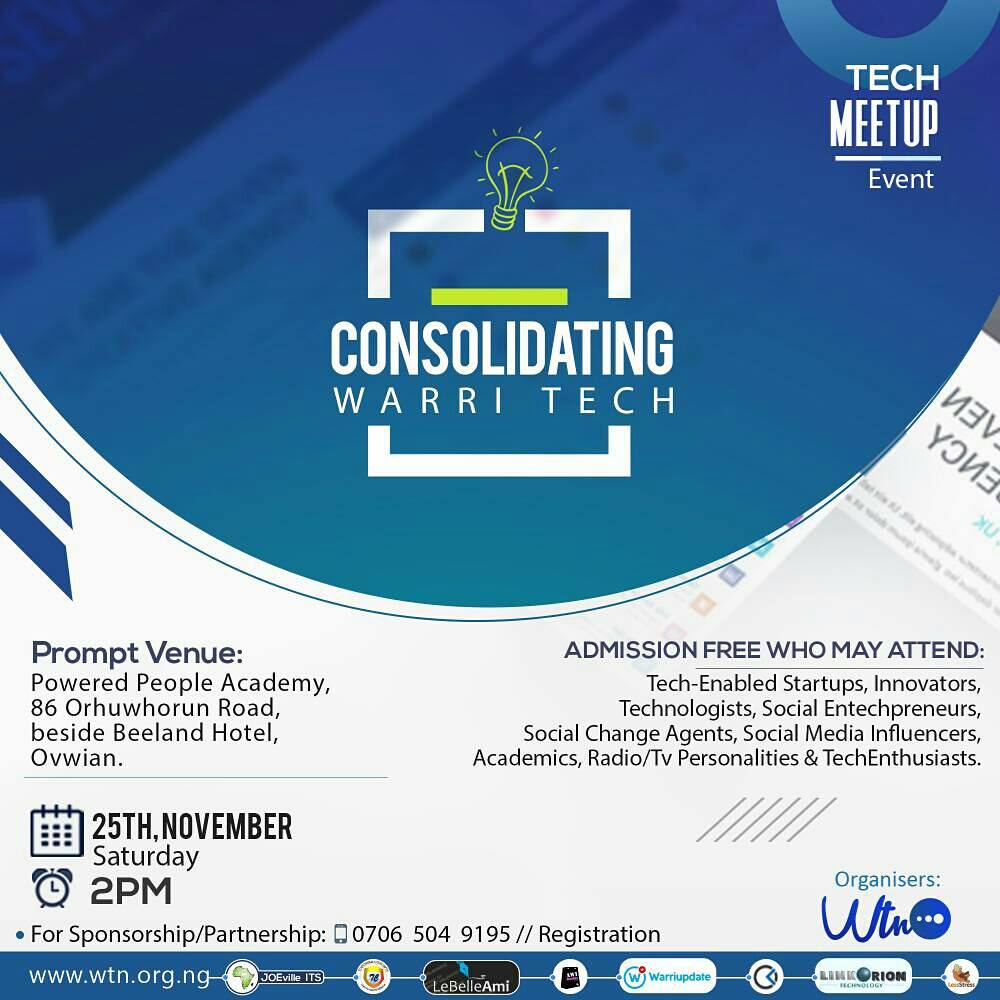 WarriUpdate's tweet photo. Hello #techies in Warri, join us for the #WarritechMeetup by 2pm today. #tech #techhub @warritechnetwok @powered_people @bongosway @afunzo @AfricanNigerian https://t.co/fEqHVdc2tP