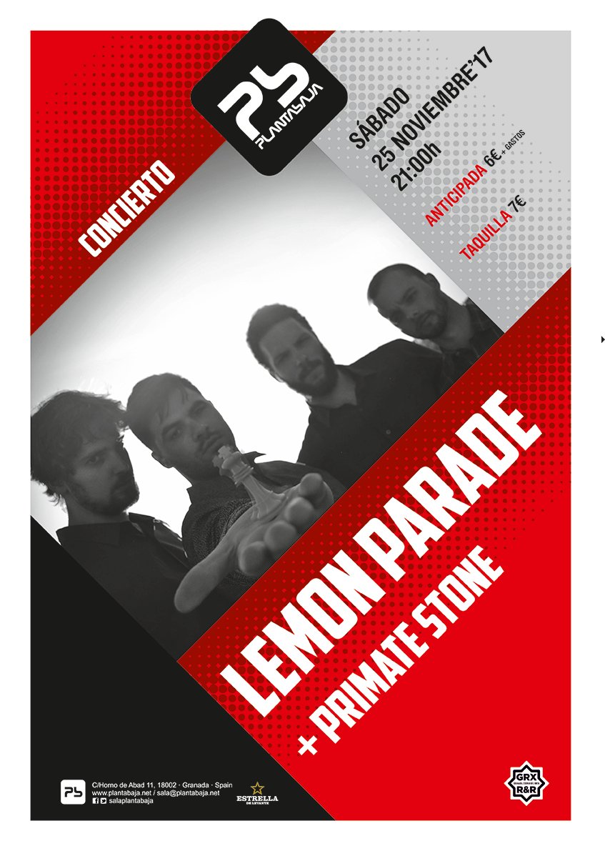 salaplantabaja's tweet photo. Esta noche en directo: @LemonParadeBand  + Primate Stone |  Sábado, 25 | 21:00h. (abrimos puertas) | Anticipada: 6€ (@Marcapasos_GR  ) Taquilla: 7€ | https://t.co/H4zhZEb5I8 https://t.co/yLJ8xha2GH