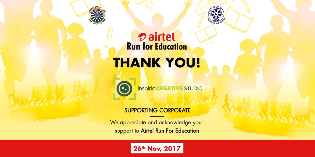 rtirun's tweet photo. We are delighted to announce "Inspiria Creative Studio" as Supporting Corporate for Airtel #RunForEducation 2017. https://t.co/2XwiY4d40X