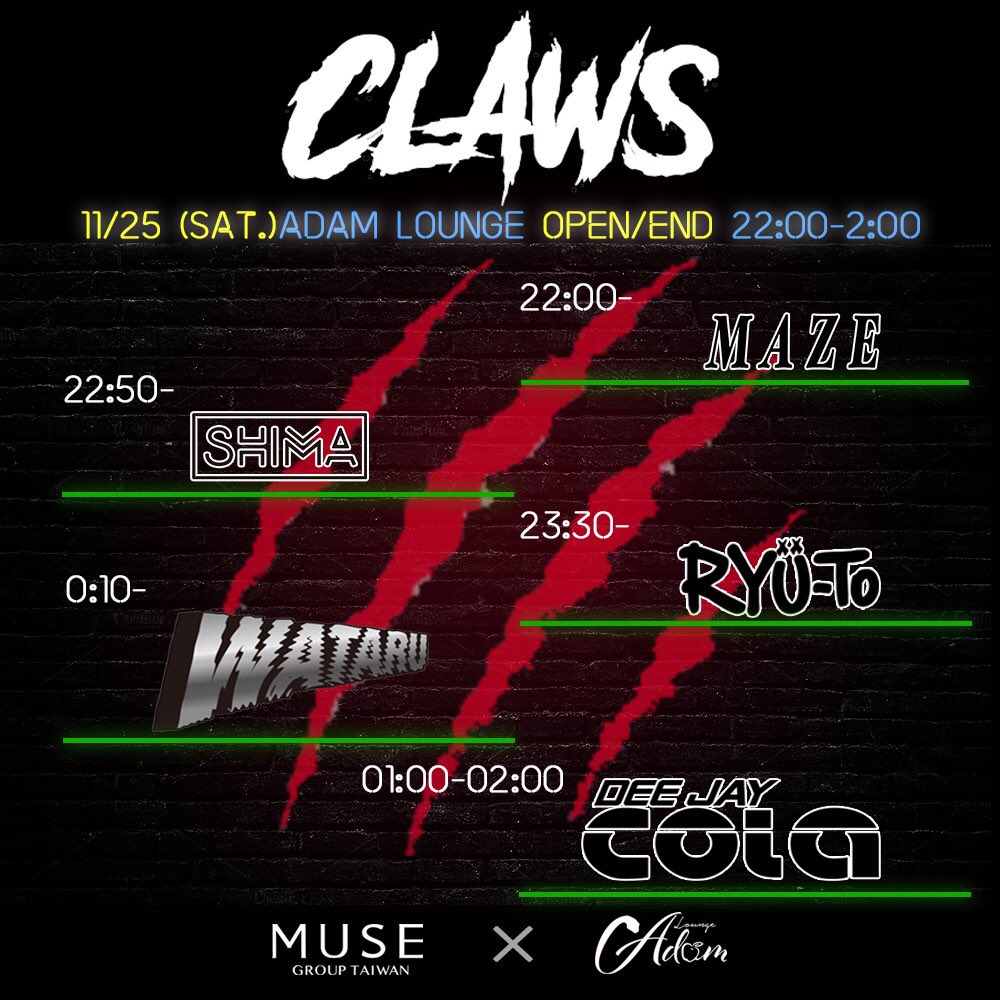 Claws_Adam_JP's tweet photo. いよいよ今夜開催！！！

Open/End 22:00-2:00
@adam_lounge にて大阪随一の
Bass Music Party🔥

豪華ゲストをお招きしておりますので
お越しの方はお早目の来店をお勧め致します！

#1125_claws https://t.co/lgqPjQxY07