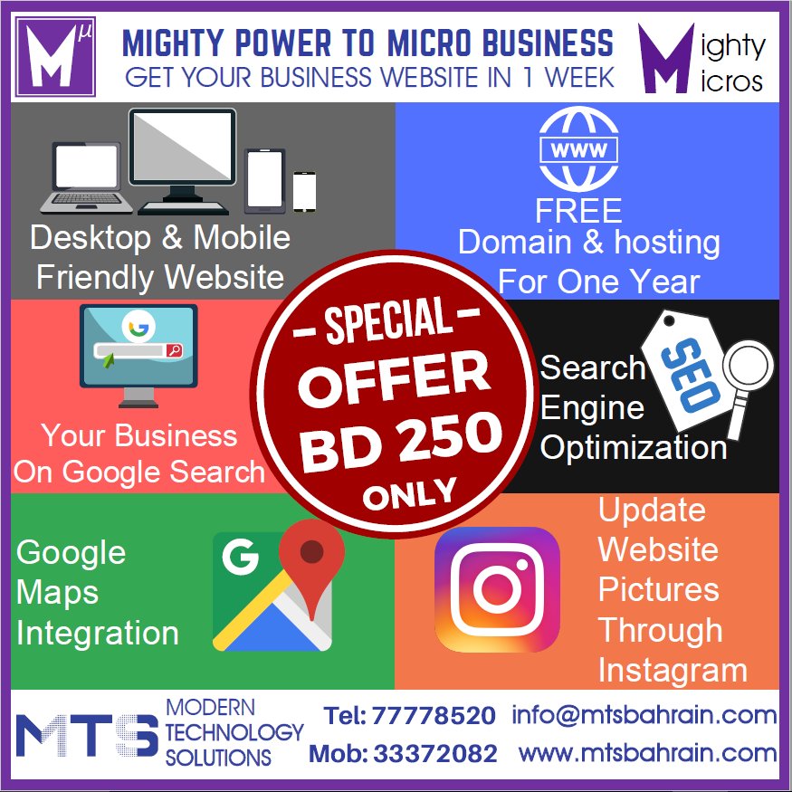 mtsbahrain's tweet photo. Contact us today to get your own company website in less than a week!

Tel No - 77778520
Mob No - 33372082
info@mtsbahrain.com
https://t.co/fmeuW51aiR

#MightyMicros #website #webdesign #webdevelopment #seo #googlemaps #Bahrain #construction #realestate #boutique #restaurant https://t.co/IVaLw794R9