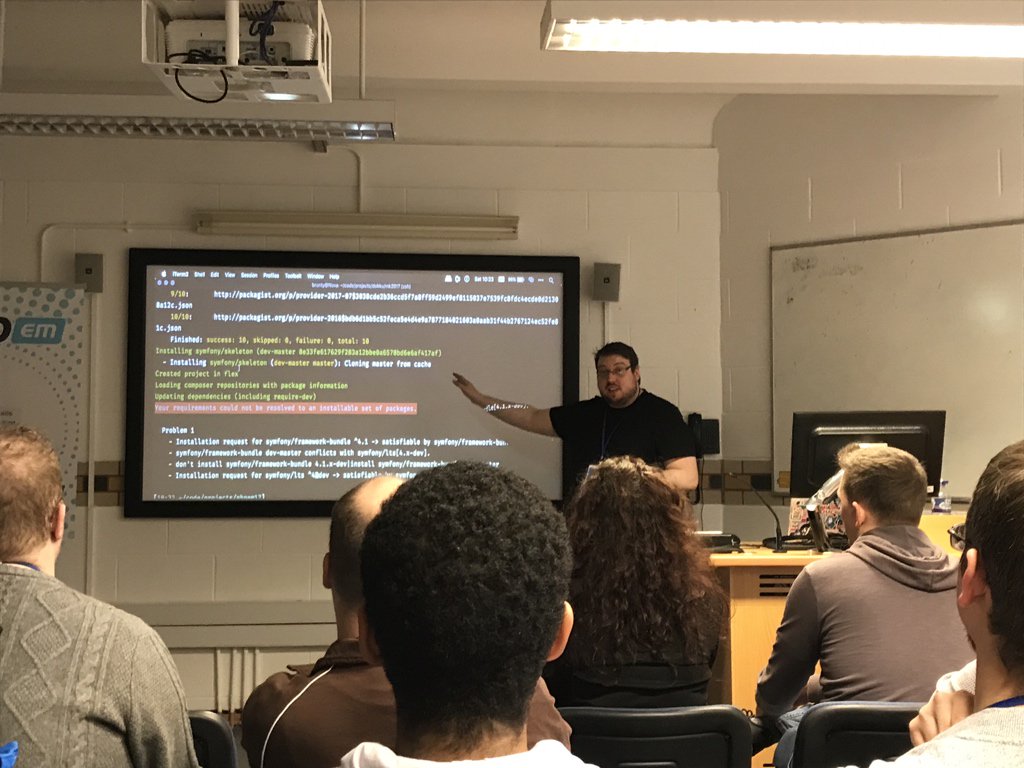 akrabat's tweet image. Learning about Symfony Flex with @Brunty at #phpem17