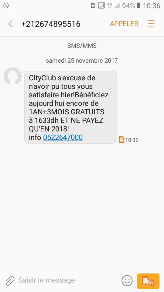 b9ina_hna's tweet photo. j'imagine qu'ils ne s'excuseront jamais de ces publicités mensongères...  
#city_club
1633/15= 108 dh/ mois, il faut préciser qu'à ce prix, ça sera un moussem et pas une salle de sport 😑 https://t.co/66VzqpMamU