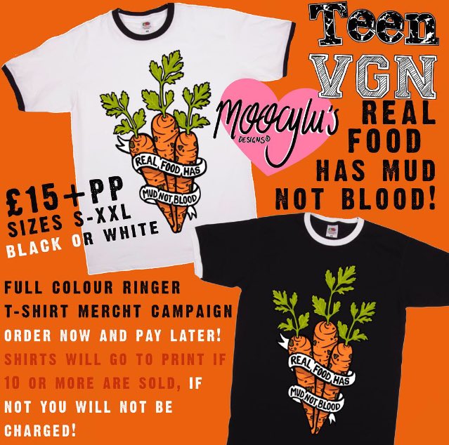 MoocylusDesigns's tweet photo. Only 2 more orders needed for this to go to print!! All profits going to @TeenVGN! 1 week left to pre-order (you won’t be charged til then, when the campaign ends) https://t.co/HrrUYZmsyi #vegan #mudnotblood 🥕✨ https://t.co/OQSJcgeFdu