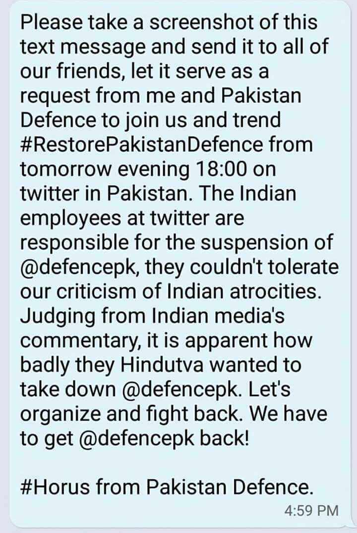 strategicfront's tweet photo. How the mighty fall, #defencepk now begging for its bigoted and hateful fan base to create a trend to somehow force @Twitter to #RestorePakDefence that was banned because they broke the rules. 

Would think @ISPR_Official ‘s  pet would have more dignity than this https://t.co/p0NRjlZlZz