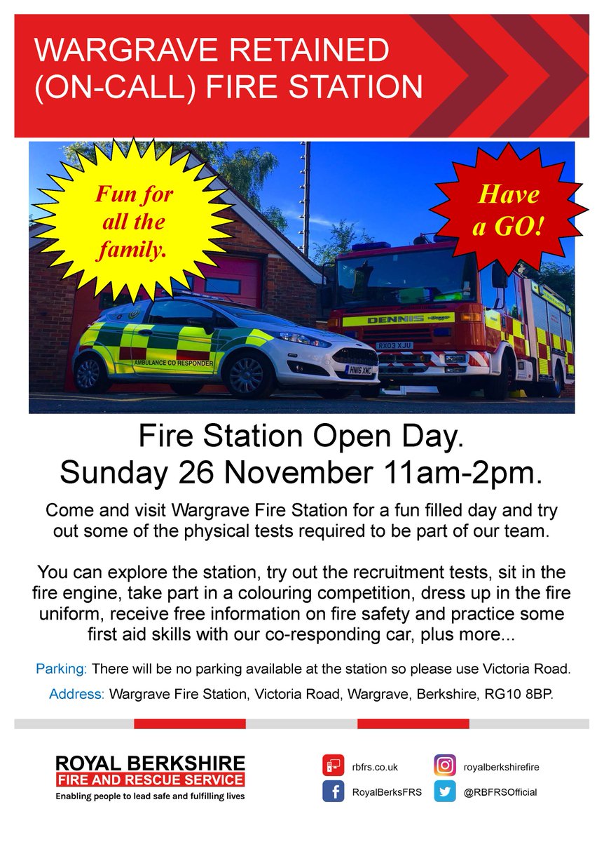 RBFRSofficial's tweet photo. Tomorrow there is a community Open Day, 11am -2pm at #Wargrave Fire Station with plenty of activities for the whole family and a chance to find out more about being an on-call firefighter in #Berkshire #BeonCall #HaveaGo https://t.co/VDIoJZZQJR