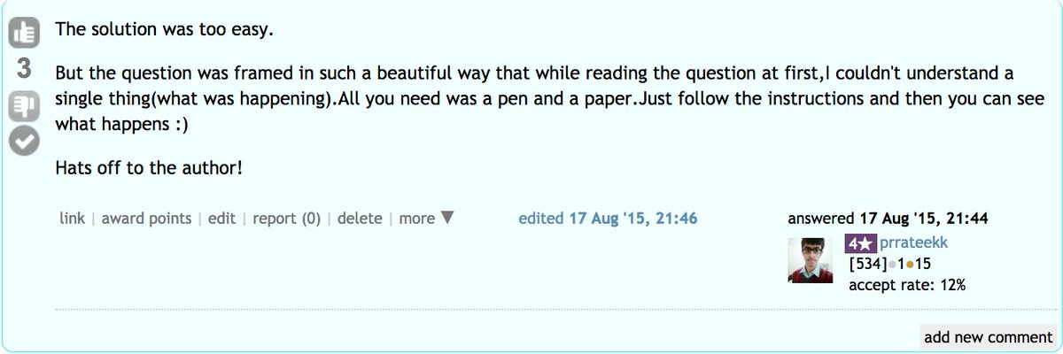 codechef's tweet image. Try using a pen paper as advised by 4★prrateekk. Still struggling? Check the editorial here: bit.ly/2iMQoJm

#CodeChef #learn #SolutionOfTheDay #P11