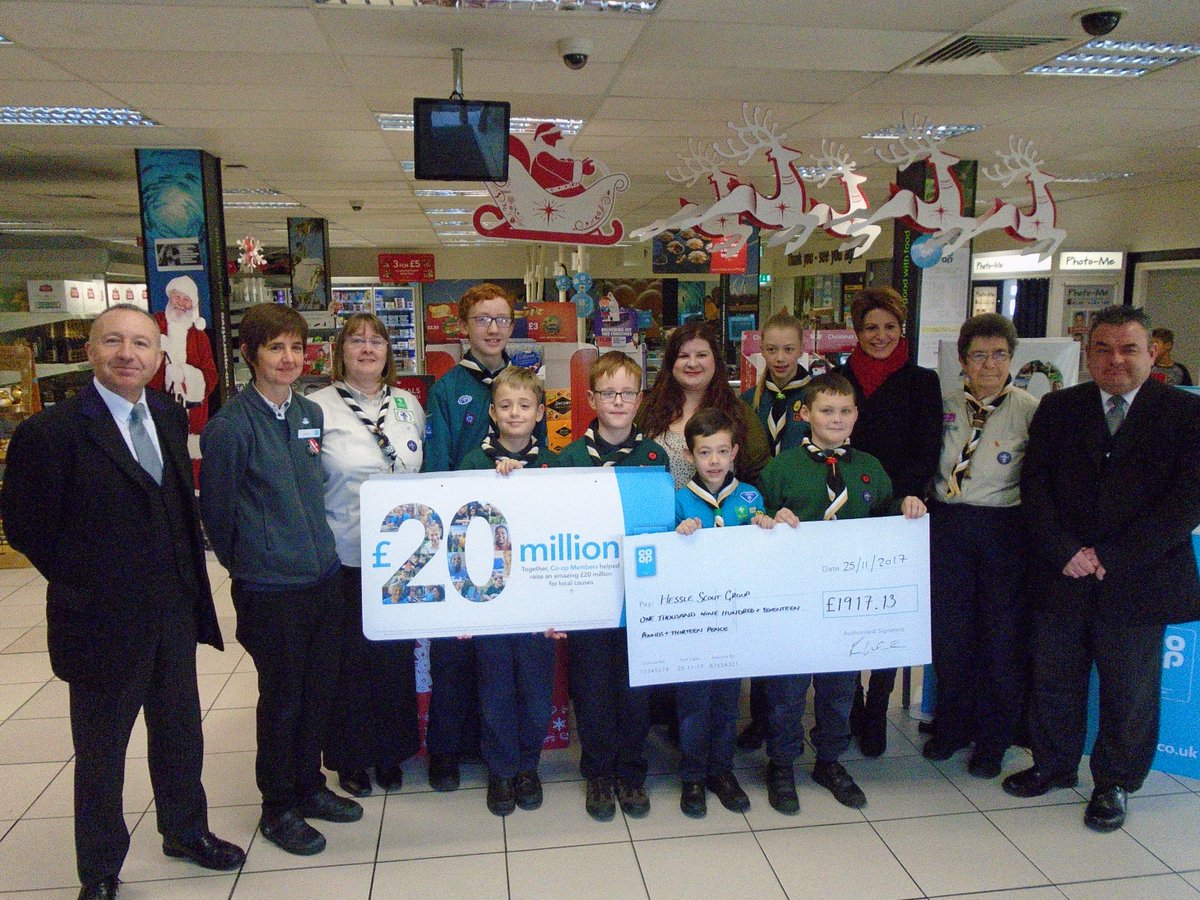 HessleScouts's tweet photo. @Hesslecoop Thanks to Co-op staff and members for inviting us this morning! The cheque for £1917.13 will help replace the flooring in our Scout Den. https://t.co/06TttfmUtW