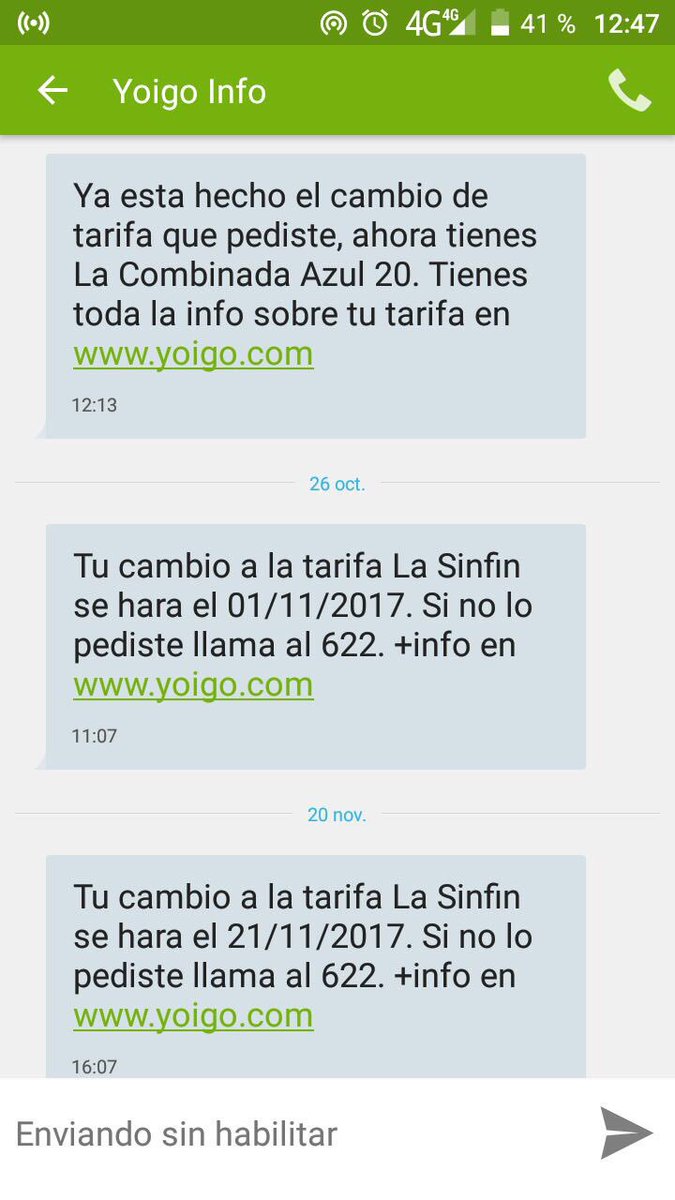 MarcosLimardo's tweet photo. @yoigo aquí tienes la muestra de los mensajes emitidos por vosotros de cuando se dio de alta la combinada y cuando la sin fin, menos de 15 días de prueba... espero una pronta respuesta, que no sea pagar y reclamar, ya que no dispongo del dinero injustamente solicitado https://t.co/pFz0AApwsz