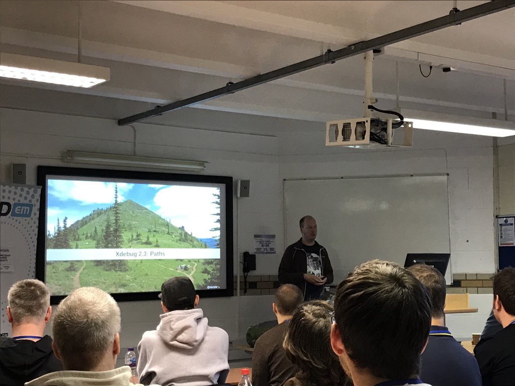 akrabat's tweet image. Time to find out what’s new in Xdebug with @derickr @SatScenes #phpem17