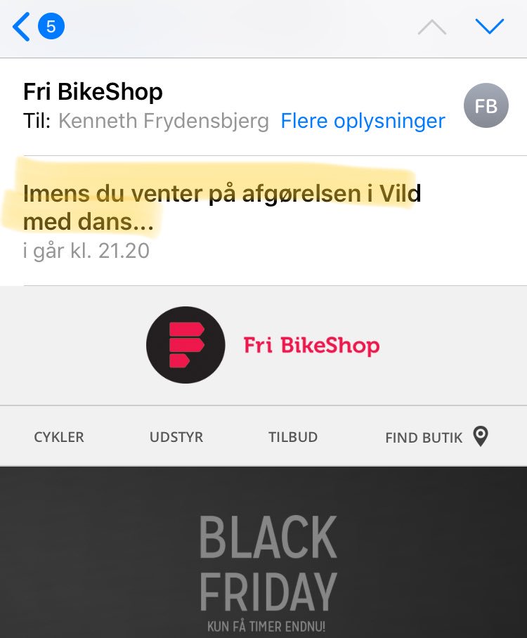 KFrydensbjerg's tweet photo. Come on, Fri BikeShop. Bare fordi jeg køber en cykel (i en fysisk butik) og I sender kvitteringen via mail, er det da ikke okay at spamme min inbox med #BlackFriday og #vmd17. 🤬🤬 https://t.co/d3N2sMzvgF