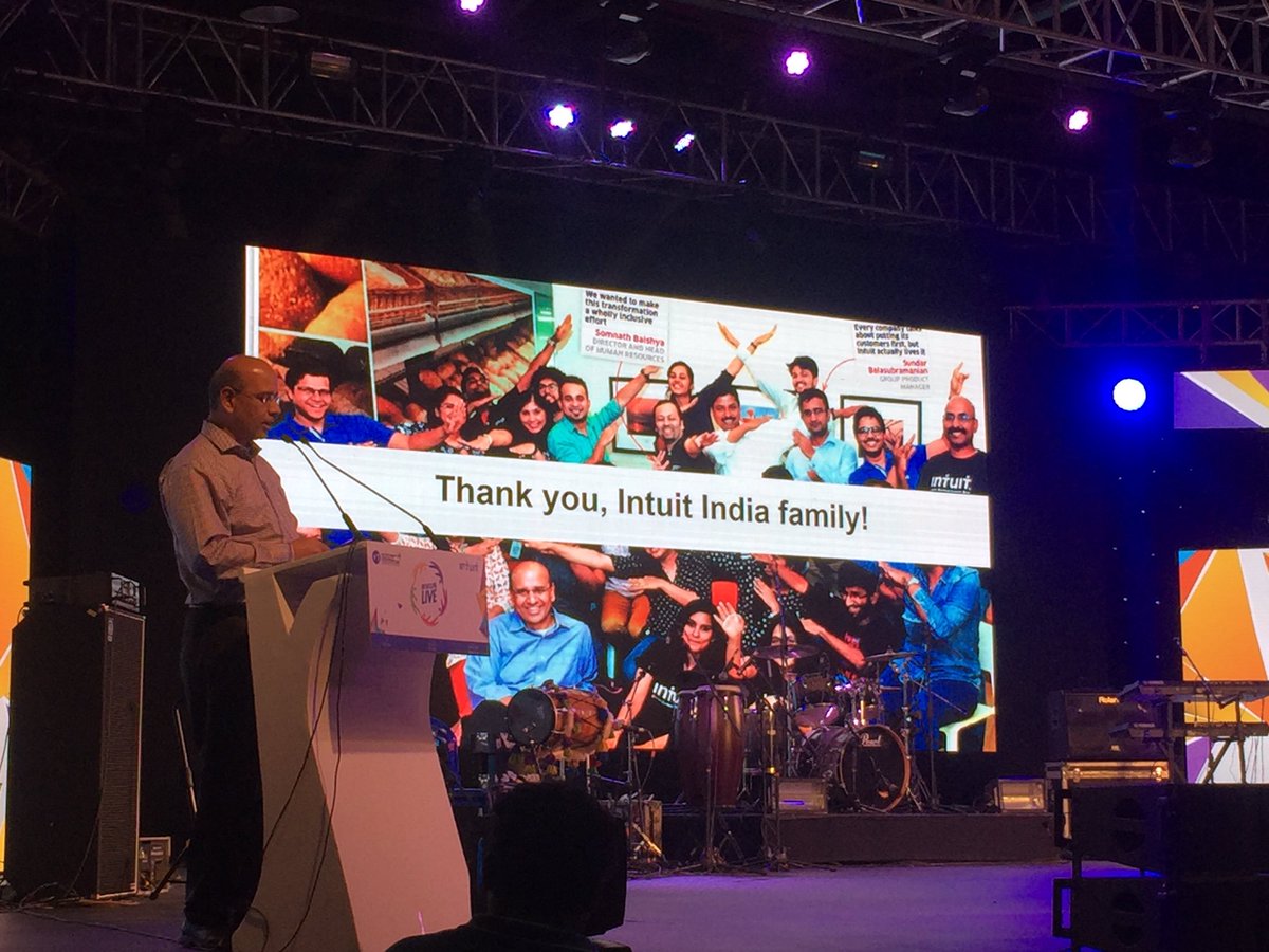 IntuitIN's tweet photo. .@IntuitVijay takes the stage, thanking our employees' families for all the support they provide each and every day as we continue to do the best work of our lives. #IntuitLifeLIVE https://t.co/xoeWyTeexm
