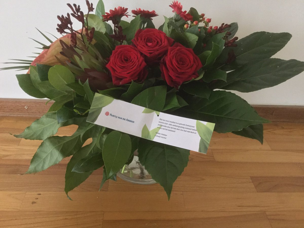 Wat een mooi boeket! Dank aan <a href="/LodewijkA/">Lodewijk Asscher</a> en @NellekeVedelaar voor jullie steun aan ons team in de campagne. Met een super resultaat! Trots op allen! PvdA nieuwe stijl!