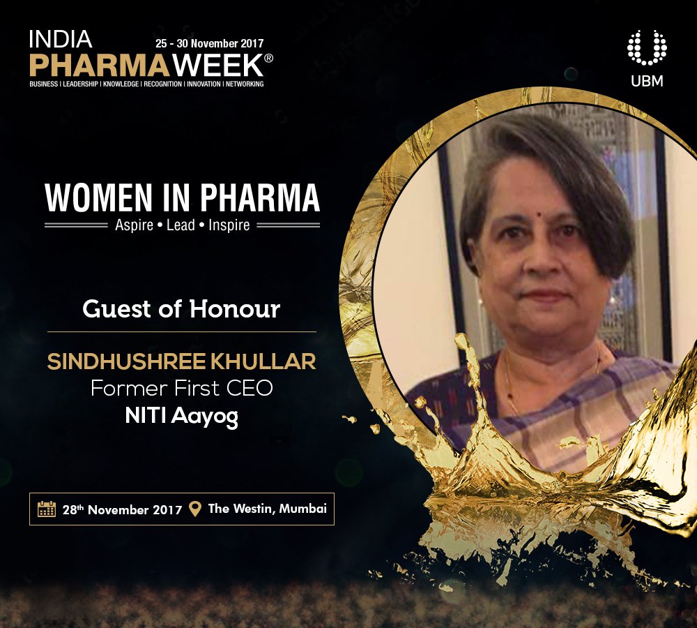 IndiaPharmaWeek's tweet photo. The 2nd Annual Women in Pharma conference is honoured to have Sindhushree Khullar, Former first Chief Executive Officer, @NITI Aayog as its Guest of Honour. She’ll be sharing her views on How Great Women Lead.
#CPhIIndia #IPW #WomenInPharma #WIP2017 https://t.co/IVUxGnN1oN