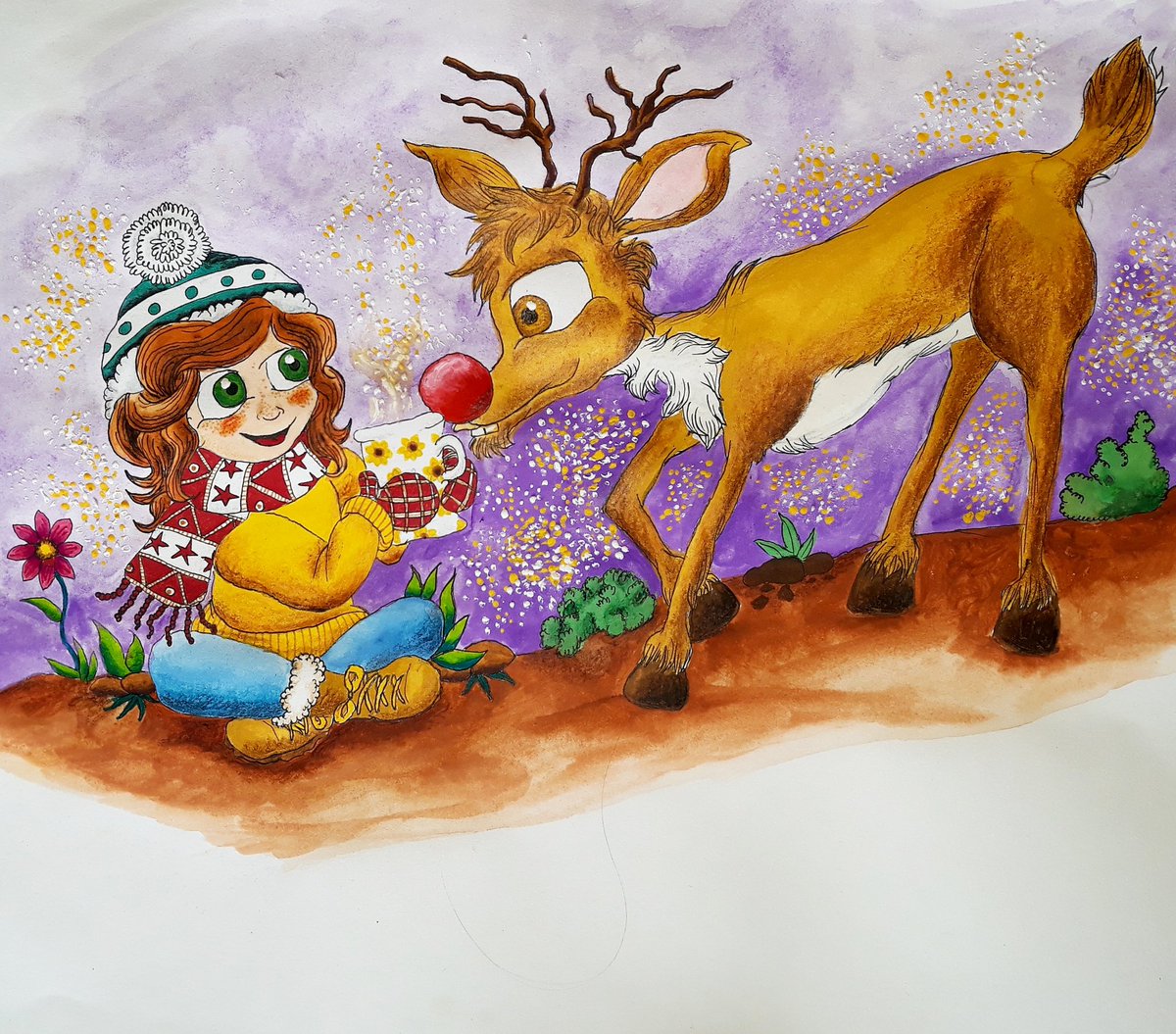 Erica_Glas's tweet photo. Rudolph could use a cup of hot cocoa 😊🦌☕🎄
#christmas #rudolph #rudolphwithyournosesobright #rudolphtherednosedreindeer  #illustration #illustratorsontwitter #childrensillustration #characterdesign #characterillustration #gouachepaint #colourpencils https://t.co/9W5TFUuram
