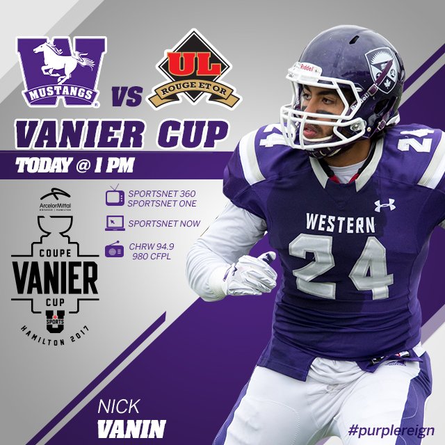 WesternMustangs's tweet photo. GAME DAY! The National Championship is on the line as the Mustangs take on Laval in the 53rd Vanier Cup in Hamilton! Tune in live on @Sportsnet 360 and Sportsnet One, online on Sportsnet Now, or on @chrwradio and @AM980News #PurpleReign https://t.co/cOVB2zDdmu