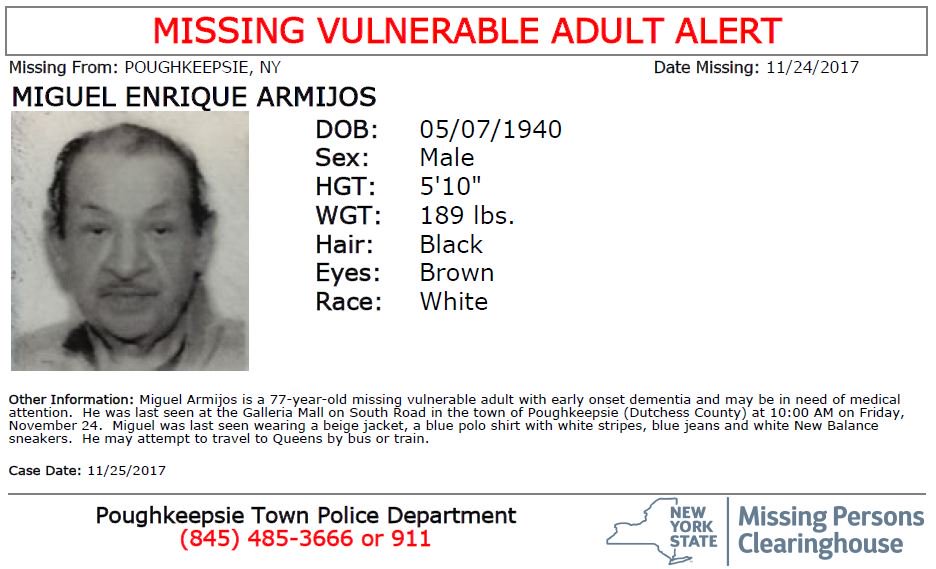 #MissingVulnerableAdult Miguel Enrique Armijos M/W/77, 5'10" &amp; 189lbs, with dementia from Poughkeepsie, NY. Seen? Call 911 Multilingual &amp; ASL: on.nyc.gov/1UYt0TX.