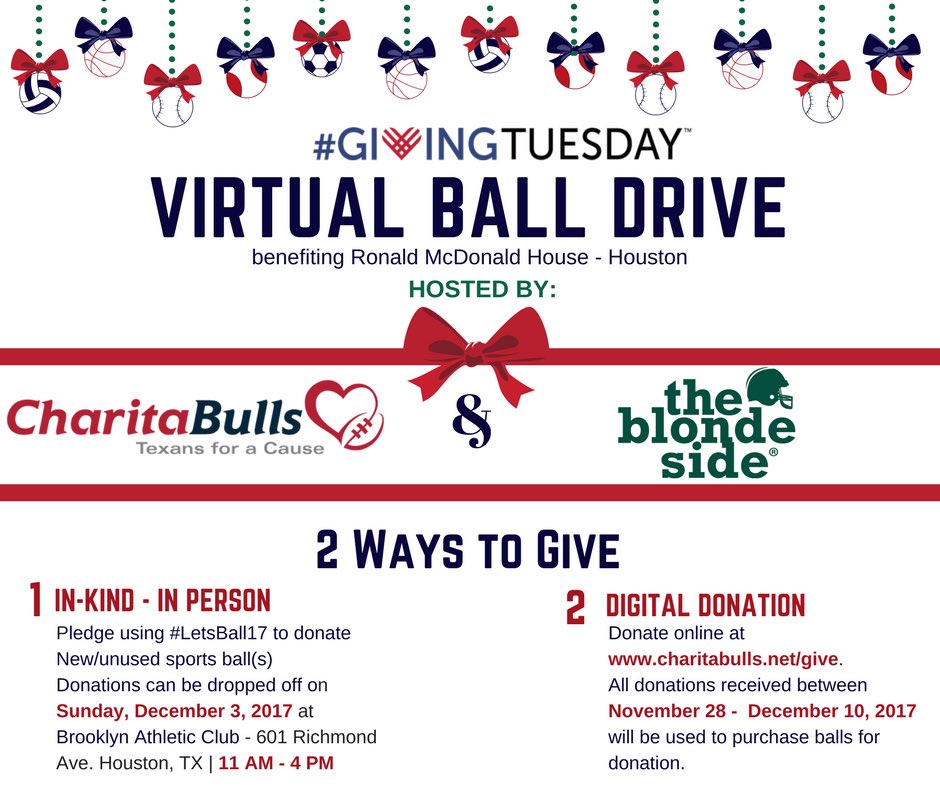 CharitaBulls's tweet photo. Don’t forget #GivingTuesday & our Virtual Ball Drive!! We will be out next Sunday to collect balls or donate online & we will purchase the balls for you! Donations go to @RMHC- Houston! ALL BALLS ACCEPTED.. ⚽️🏐🏀🏉🏈🎱⚾️🏓🎾🏑🏌️♂️... #TexansForACause #wearetexans https://t.co/zALxIFTW7D