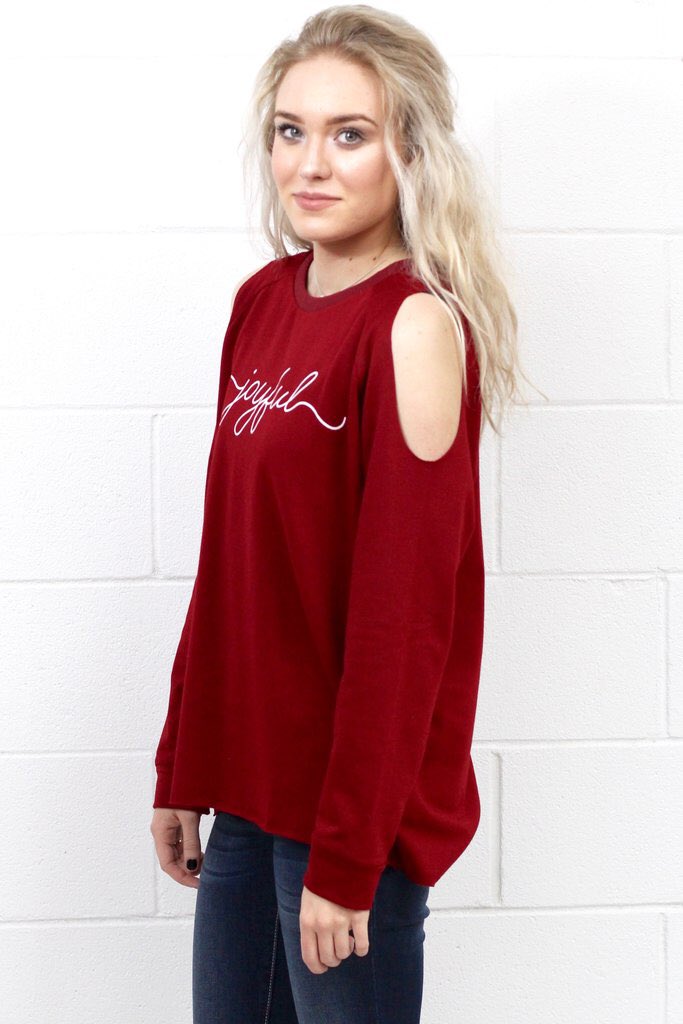 girlfriendsr's tweet photo. JOYFUL GRAPHIC COLD SHOULDER SWEATSHIRT {RED} ❤️ https://t.co/gasFNElkOo