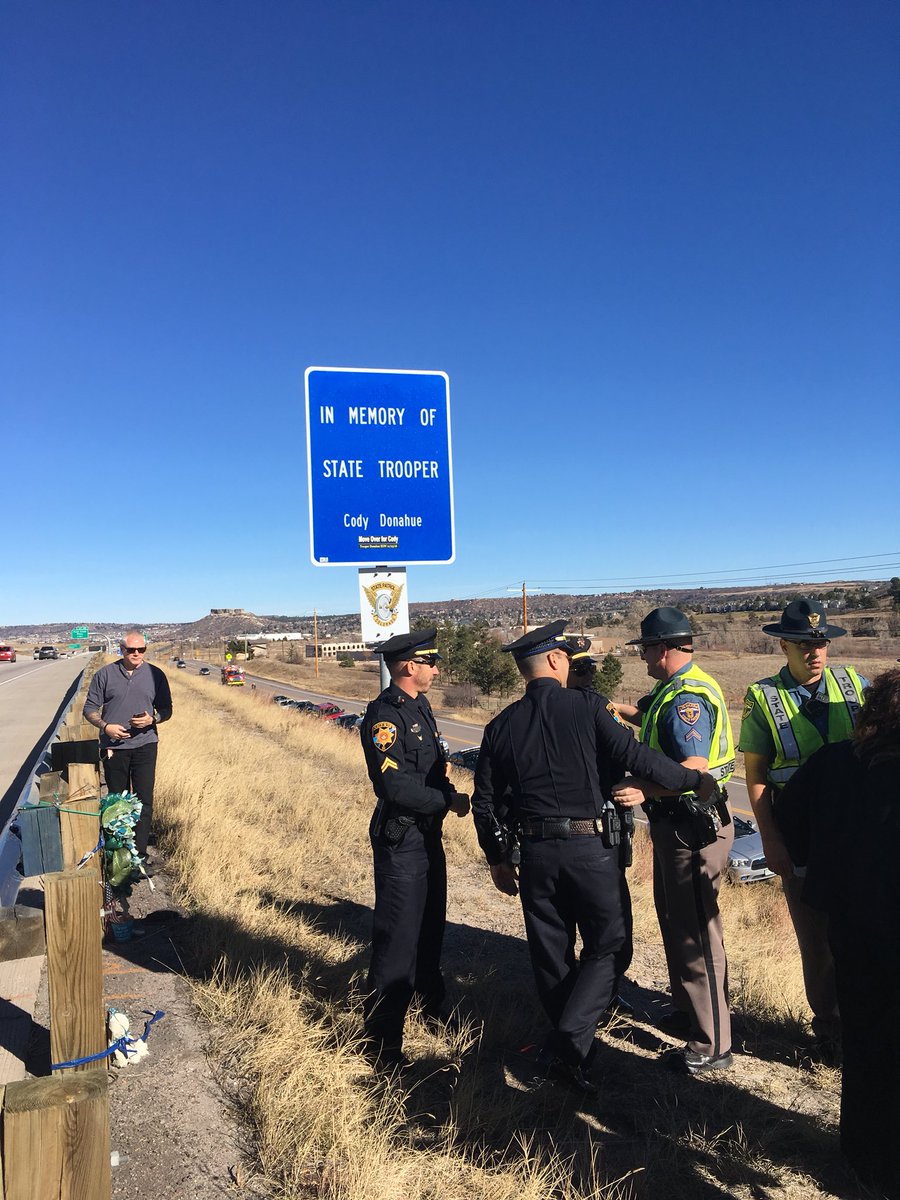 DCSOTraffic's tweet photo. @dcsheriff @CSP_CastleRock @ColoradoDOT and others are all preparing for a moment of silence on this solemn one year anniversary of Trooper Donahue’s death. #moveoverforcody #showusyourmoveco https://t.co/ecoppATyK2