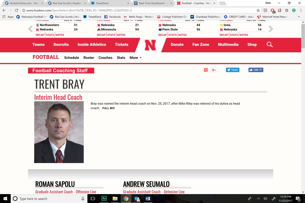Sean_Callahan's tweet image. No other coaches are on the @Huskers bio page for Nebraska other than Trent Bray. Tells you he might be the only one recruiting this week or they have a pretty good idea what they are doing next. #Huskers