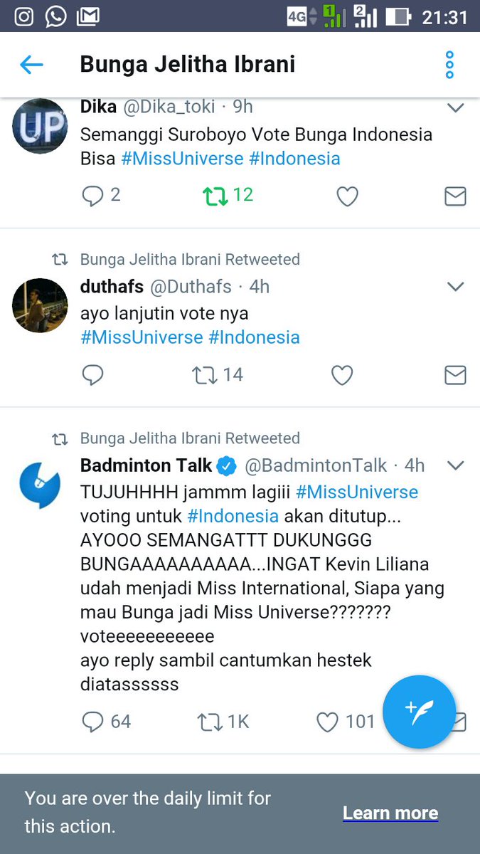 Ada yg tau kenapa bisa over limit gini buat retweet huhu #MissUniverse #Indonesia