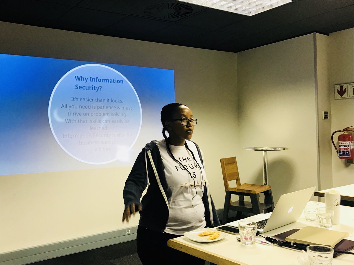 Maubate's tweet image. Female software dev grads, InfoSec and pizza... winning! #thetechfemme #careerreadiness @matshi88