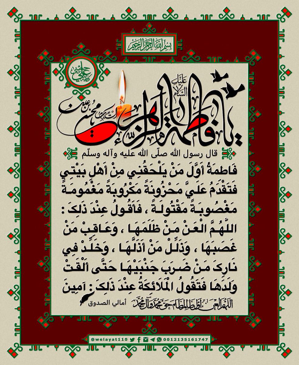 #النبيﷺ 

فاطمة أول من يلحقني من أهل بيتي
فتقدم عَليَّ محزونة مكروبة مغمومة
مغصوبة مقتولة فأقول عند ذلك :
اللهم إلعن من ظلمها
وعاقب من غصبها
وذلل من أذلها ،،

#ولاية_علي
#لعن_الله_ظالميكِ_يافاطمة 
#اللهم_إلعن_الجبت_والطاغوت 

🆔t.me/Welayat110

.