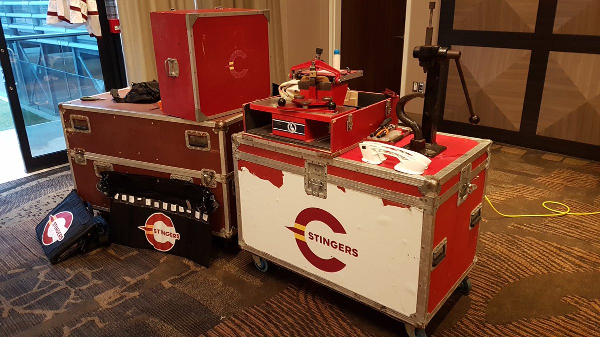 Roper_33's tweet photo. Setup a skate sharpening and rivet station in the hotel ballroom. No pregame skate today so had to improvise! Game tonight at @UWWarriorHockey #equipmentmanagerproblems #sharpskates #Stingersunited https://t.co/BT5ZtIhc5R